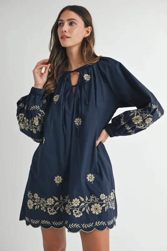 MABLE Embroidered Long Sleeve Peasant Mini Dress - Ramm Clothing Ink