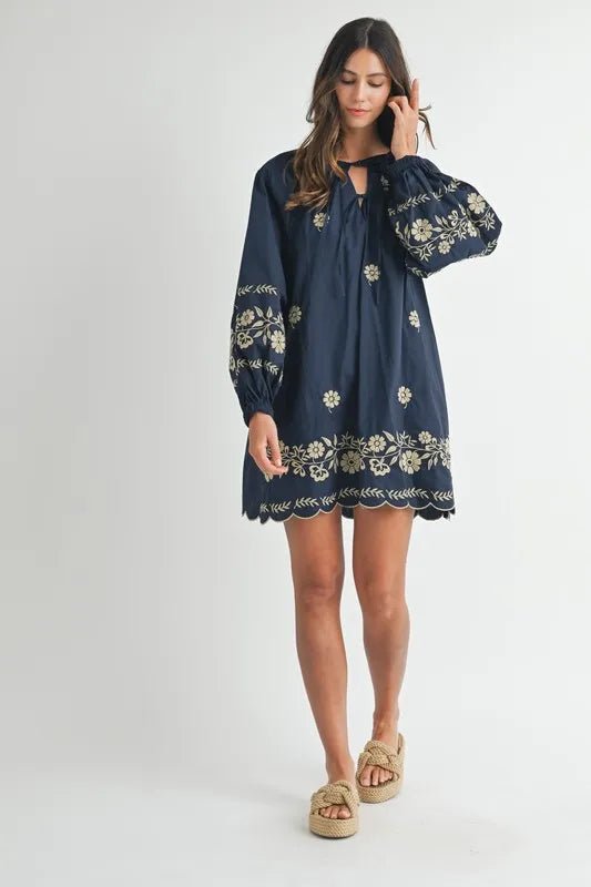 MABLE Embroidered Long Sleeve Peasant Mini Dress - Ramm Clothing Ink