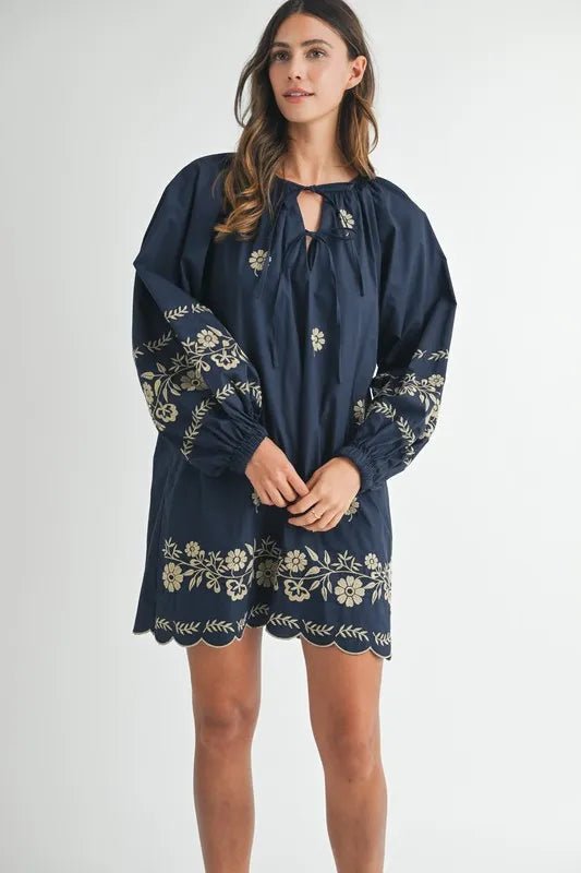 MABLE Embroidered Long Sleeve Peasant Mini Dress - Ramm Clothing Ink