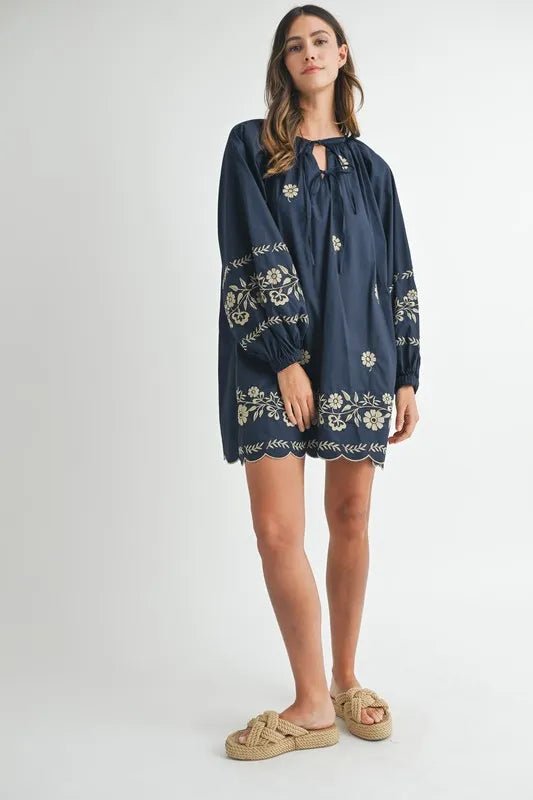 MABLE Embroidered Long Sleeve Peasant Mini Dress - Ramm Clothing Ink