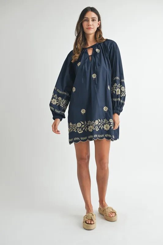 MABLE Embroidered Long Sleeve Peasant Mini Dress - Ramm Clothing Ink