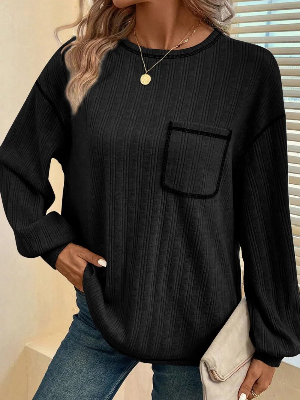 Mandy Contrast Stitching Round Neck Long Sleeve T-Shirt - Ramm Clothing Ink