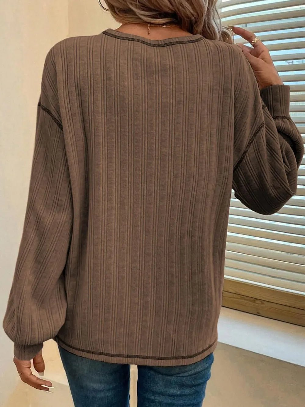 Mandy Contrast Stitching Round Neck Long Sleeve T-Shirt - Ramm Clothing Ink