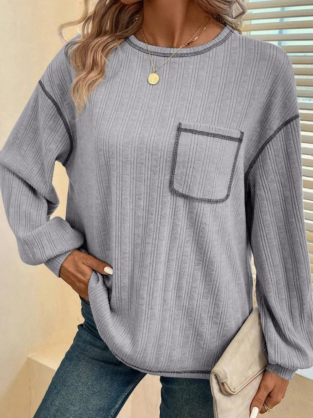 Mandy Contrast Stitching Round Neck Long Sleeve T-Shirt - Ramm Clothing Ink