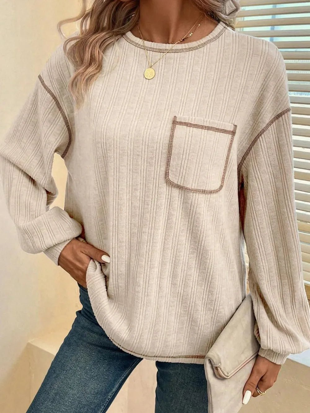 Mandy Contrast Stitching Round Neck Long Sleeve T-Shirt - Ramm Clothing Ink