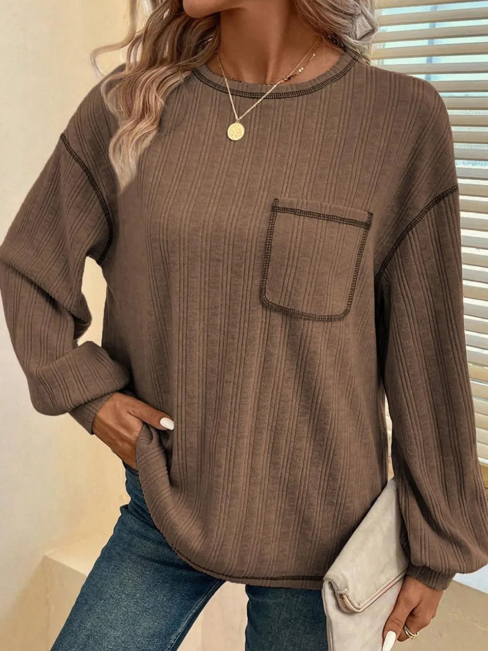 Mandy Contrast Stitching Round Neck Long Sleeve T-Shirt - Ramm Clothing Ink