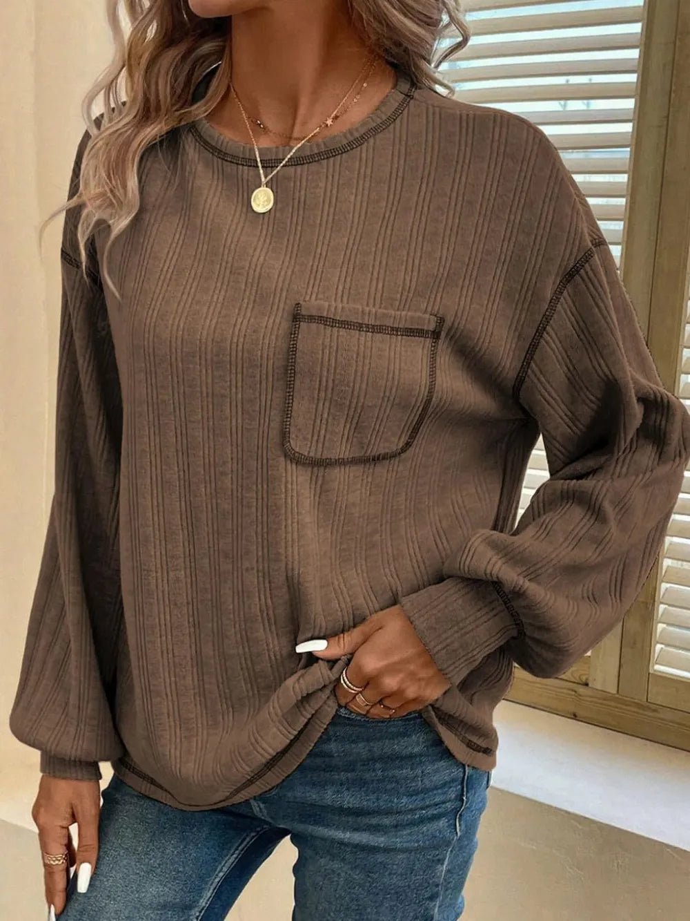 Mandy Contrast Stitching Round Neck Long Sleeve T-Shirt - Ramm Clothing Ink