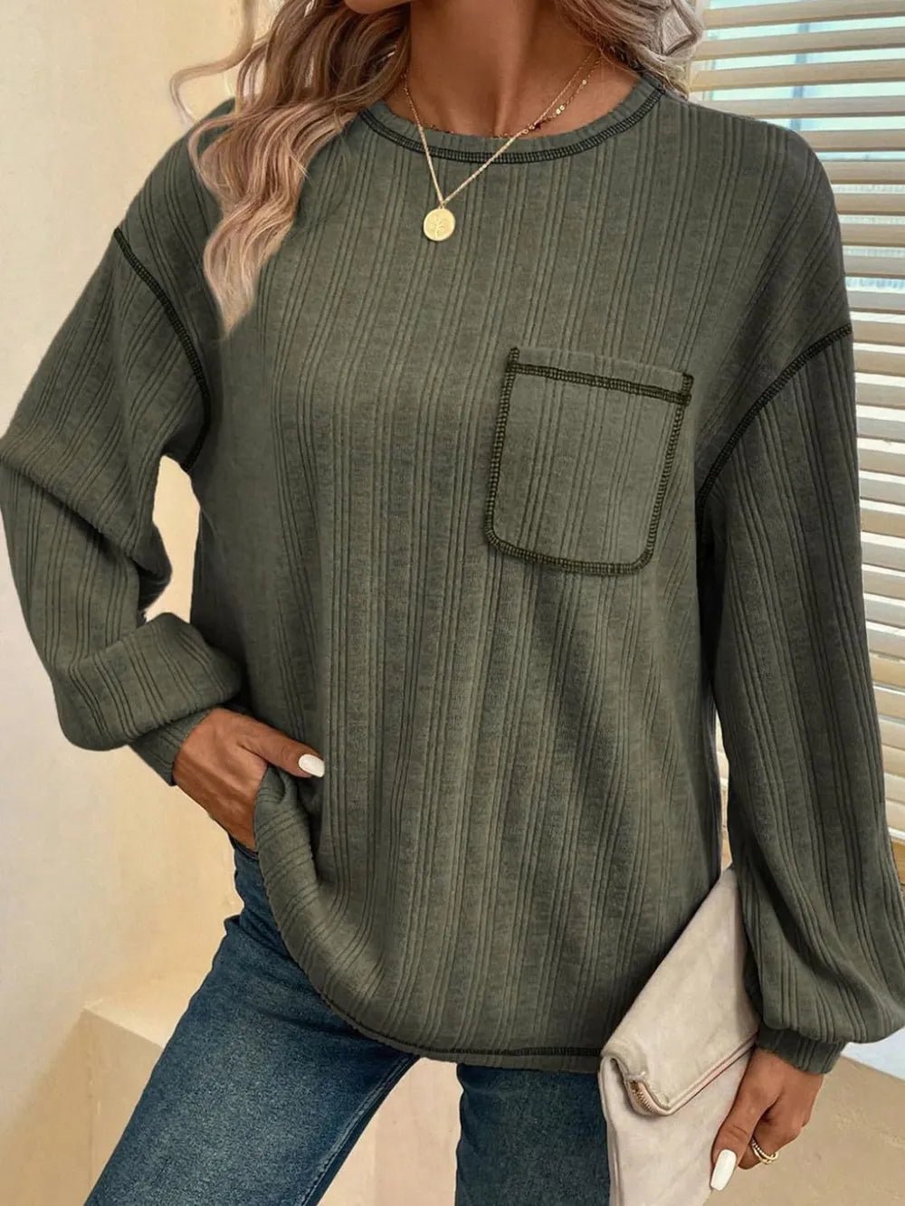 Mandy Contrast Stitching Round Neck Long Sleeve T-Shirt - Ramm Clothing Ink