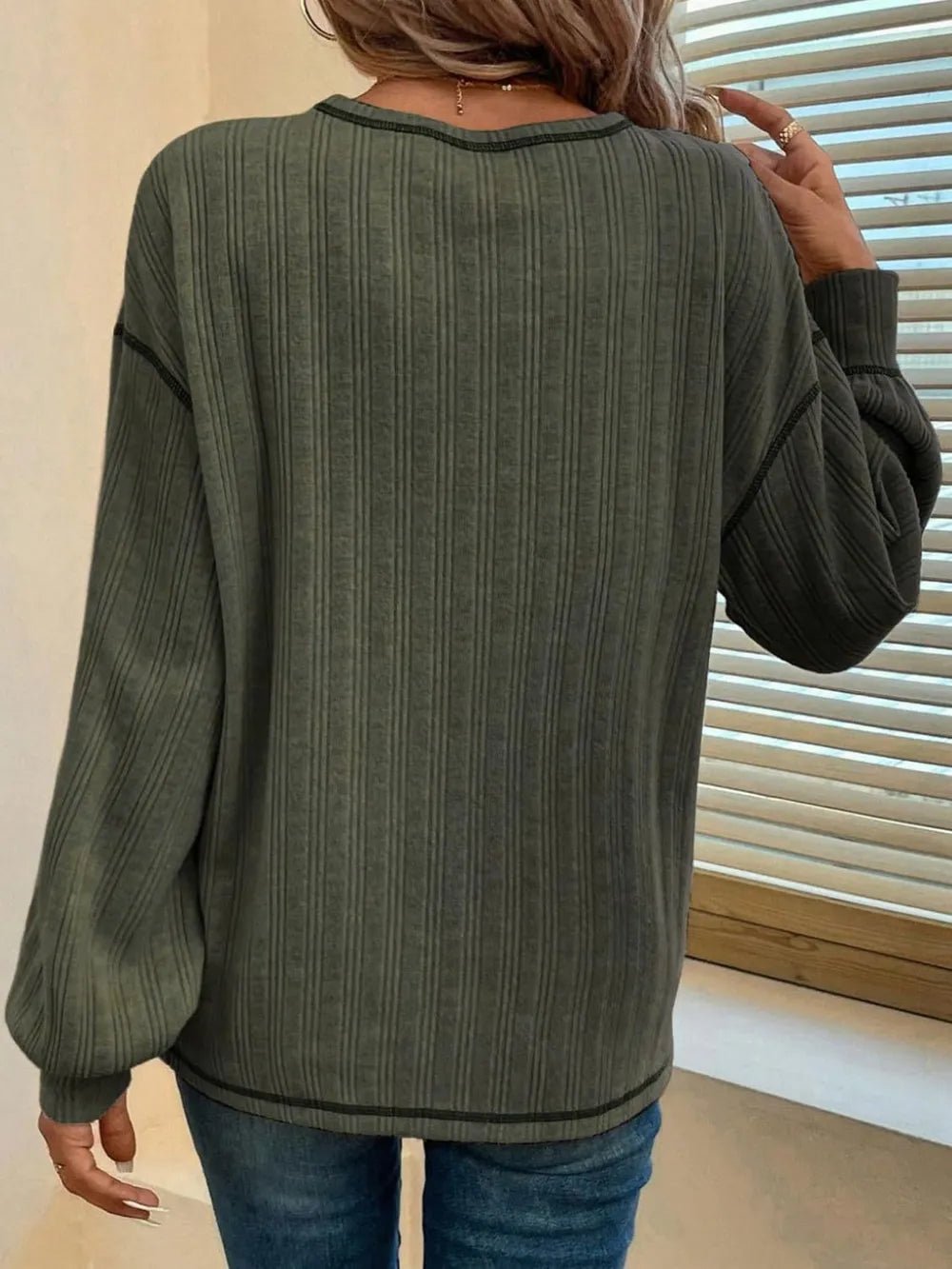 Mandy Contrast Stitching Round Neck Long Sleeve T-Shirt - Ramm Clothing Ink