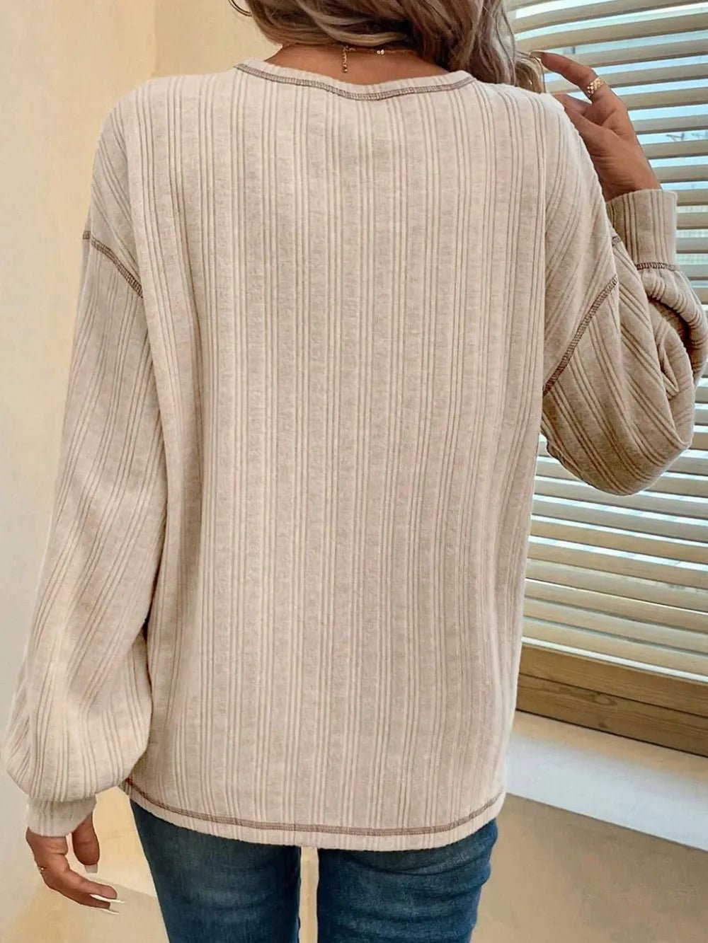 Mandy Contrast Stitching Round Neck Long Sleeve T-Shirt - Ramm Clothing Ink