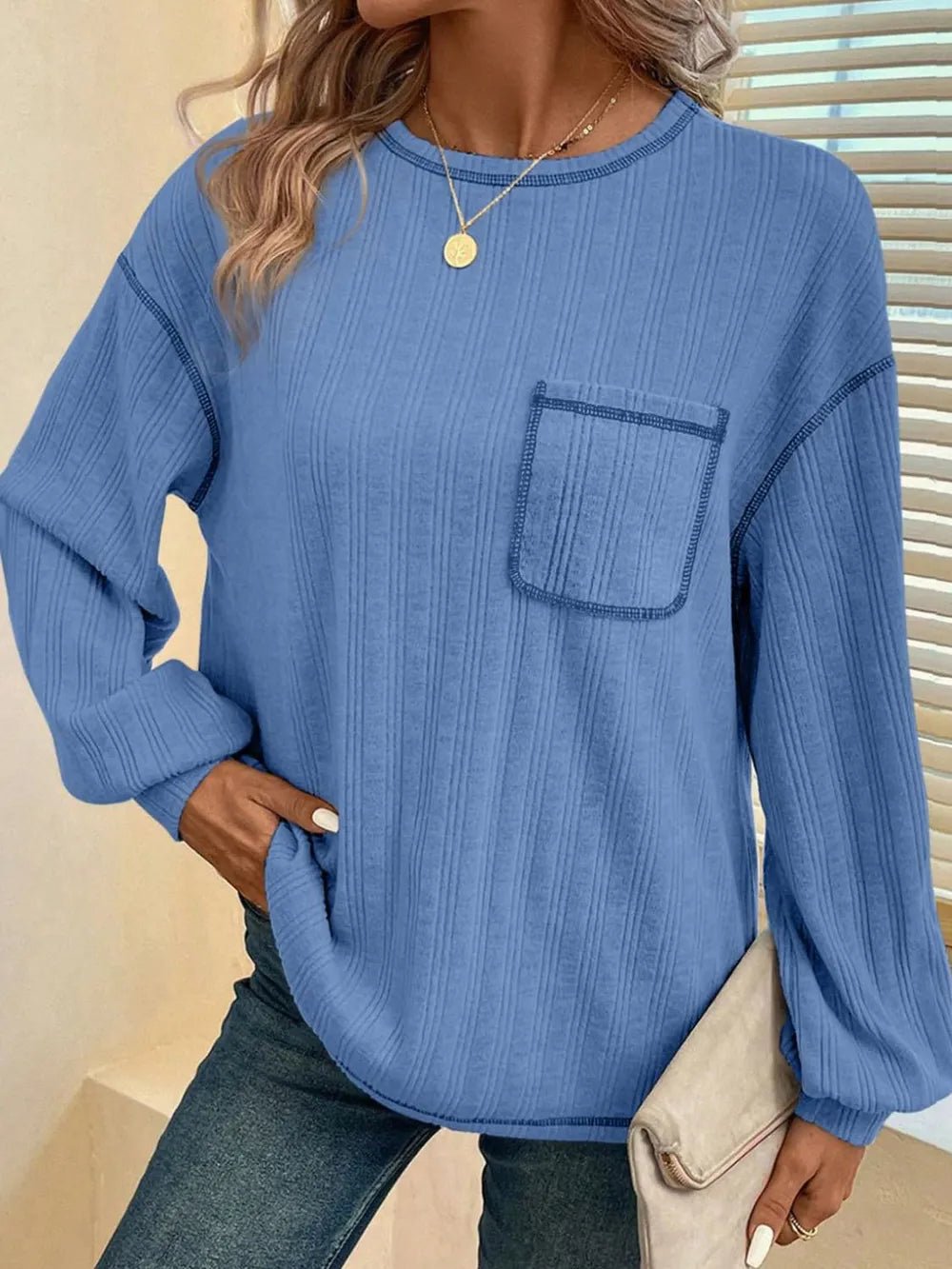 Mandy Contrast Stitching Round Neck Long Sleeve T-Shirt - Ramm Clothing Ink
