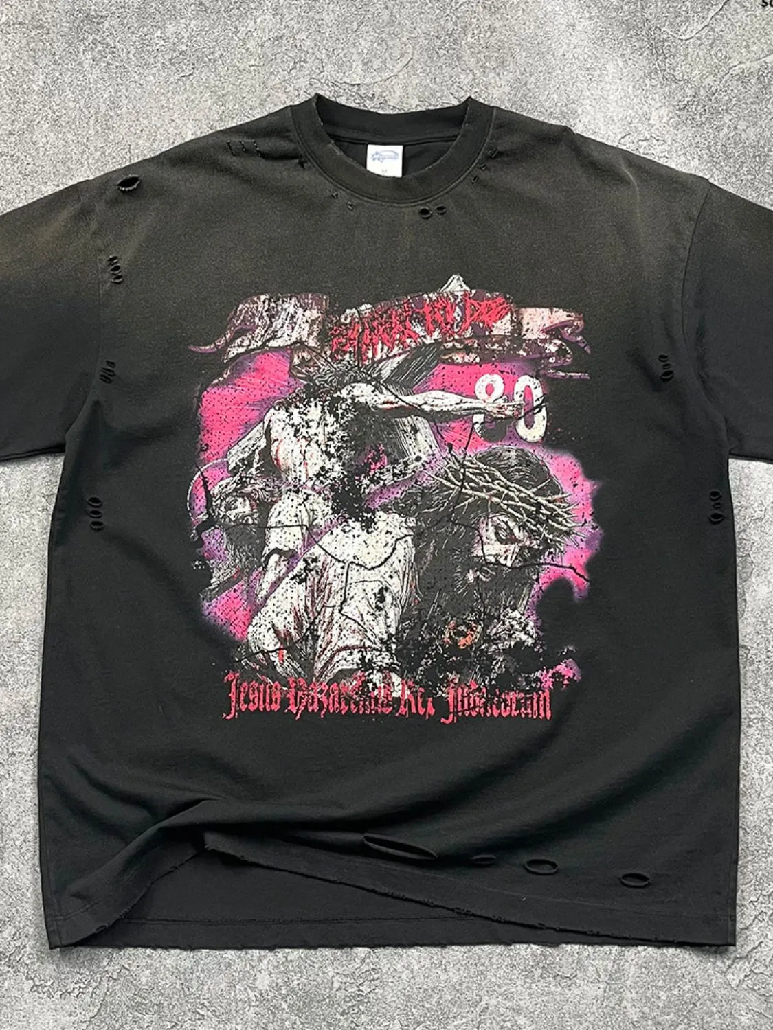 Men's Distressed Detail Round Neck Graphic T-Shirt - Ramm Clothing Ink