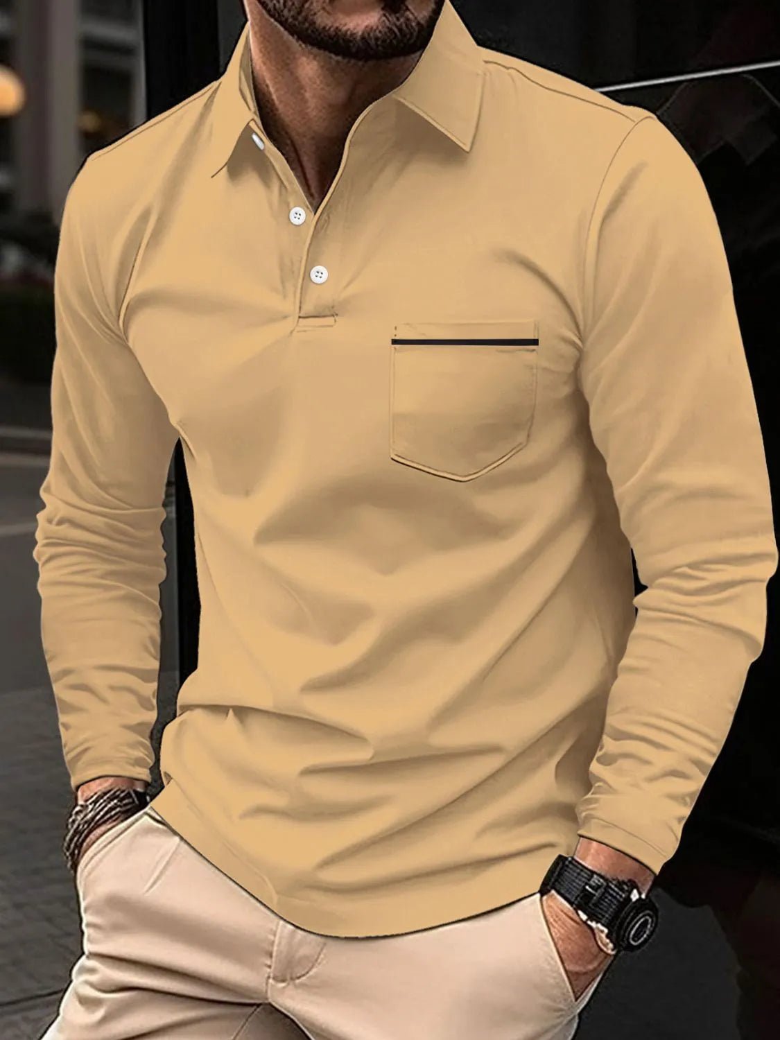 Men's Full Size Button Detail Long Sleeve Polo Plus Size - Ramm Clothing Ink