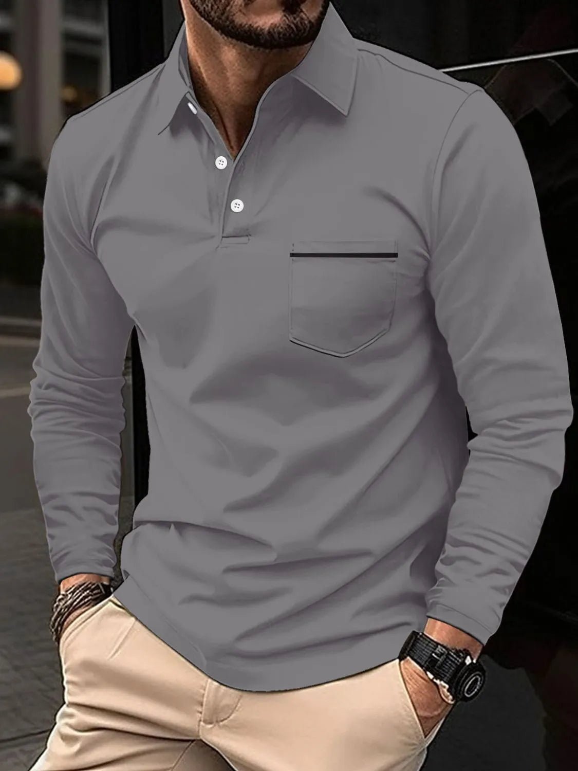 Men's Full Size Button Detail Long Sleeve Polo Plus Size - Ramm Clothing Ink