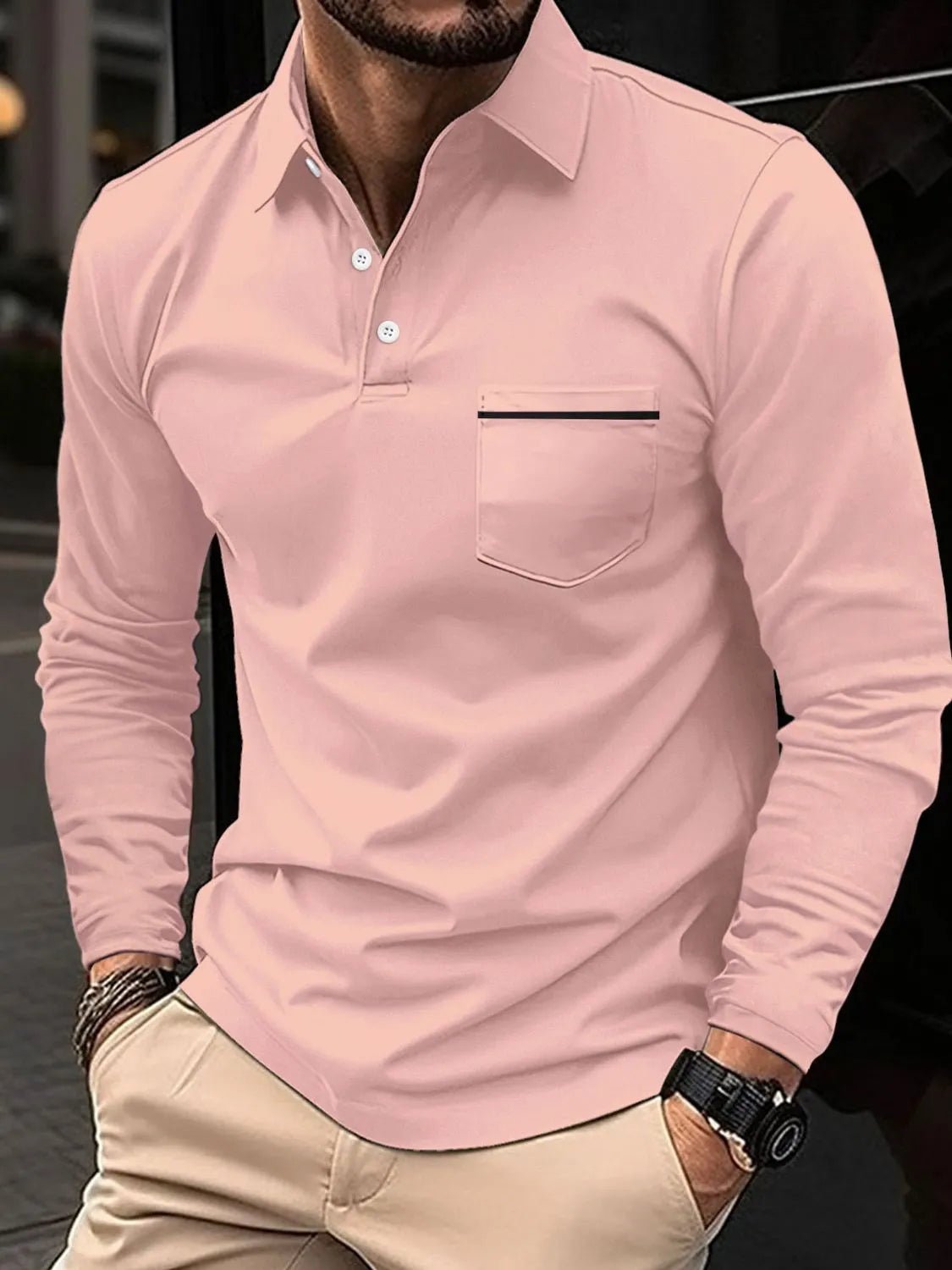 Men's Full Size Button Detail Long Sleeve Polo Plus Size - Ramm Clothing Ink