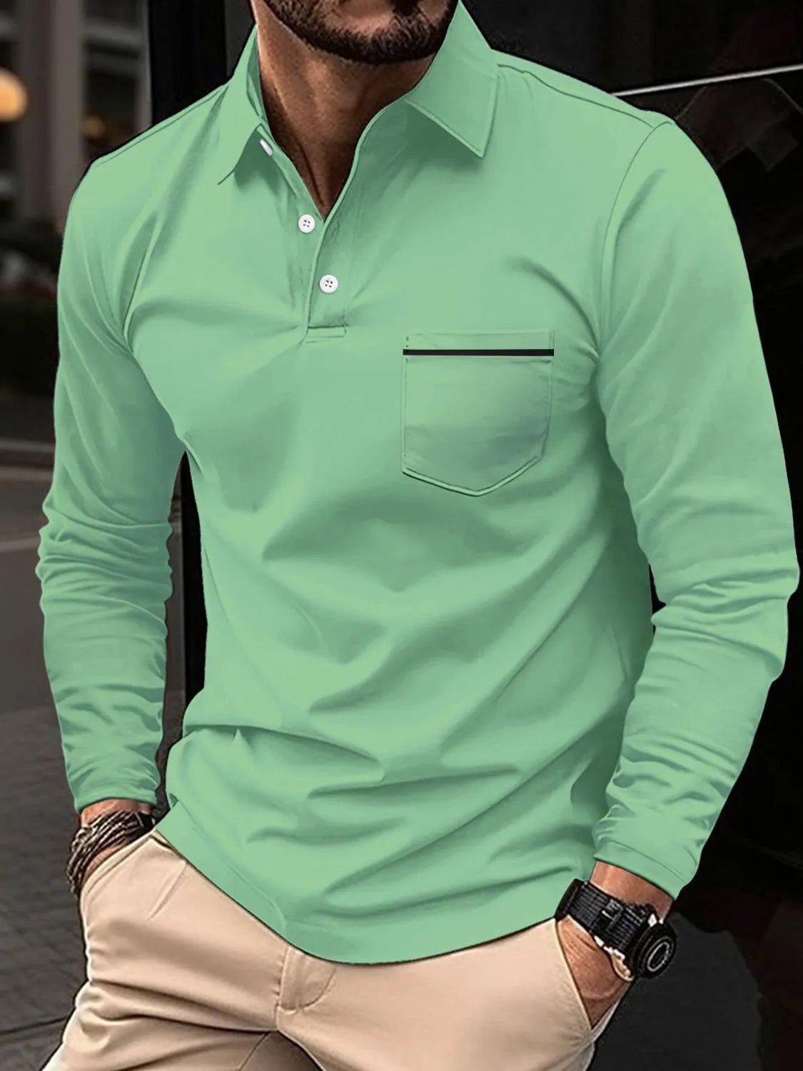 Men's Full Size Button Detail Long Sleeve Polo Plus Size - Ramm Clothing Ink