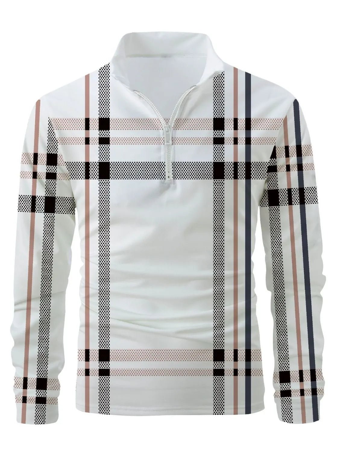 Men's Full Size Plaid Zip Collar Long Sleeve Polo Plus Size - Ramm Clothing Ink