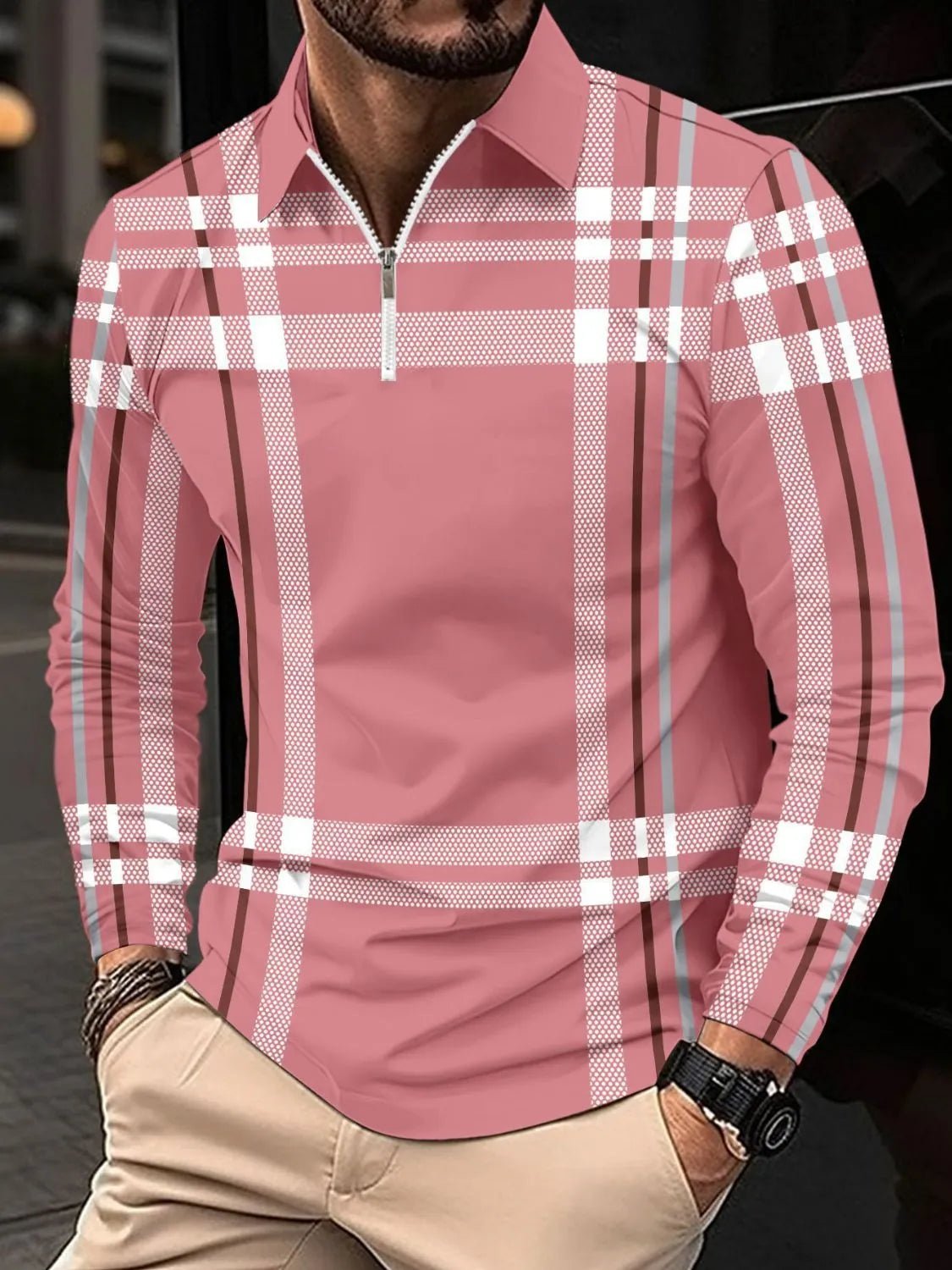 Men's Full Size Plaid Zip Collar Long Sleeve Polo Plus Size - Ramm Clothing Ink