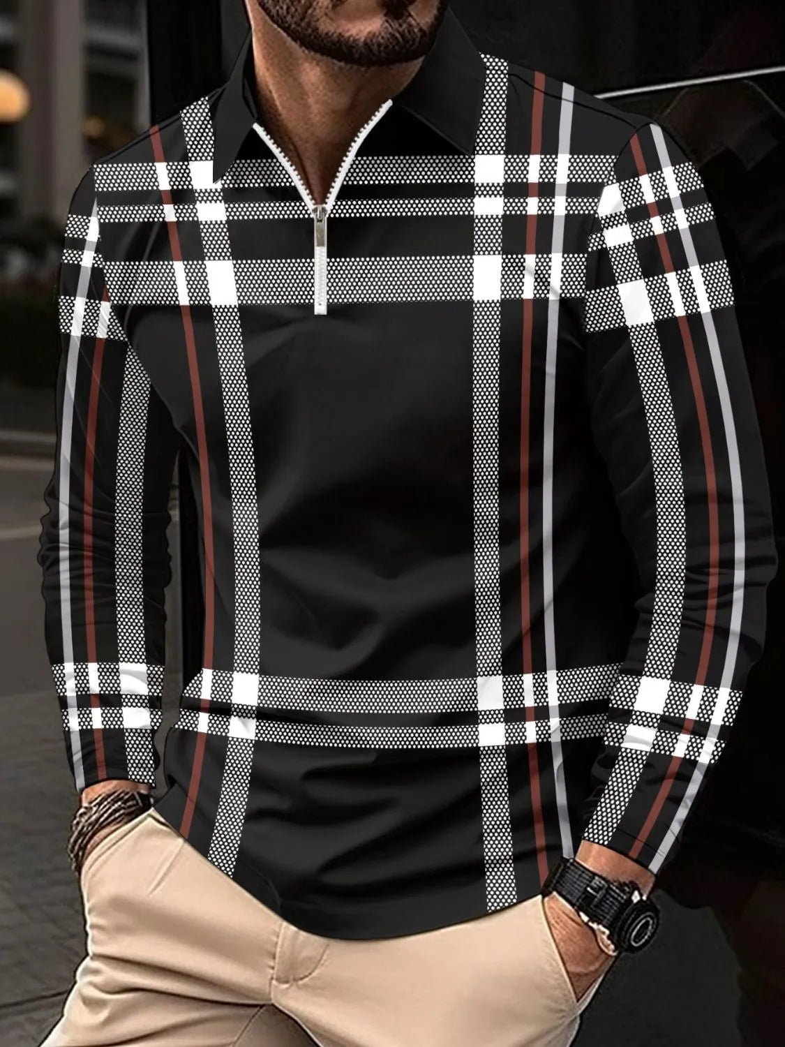 Men's Full Size Plaid Zip Collar Long Sleeve Polo Plus Size - Ramm Clothing Ink