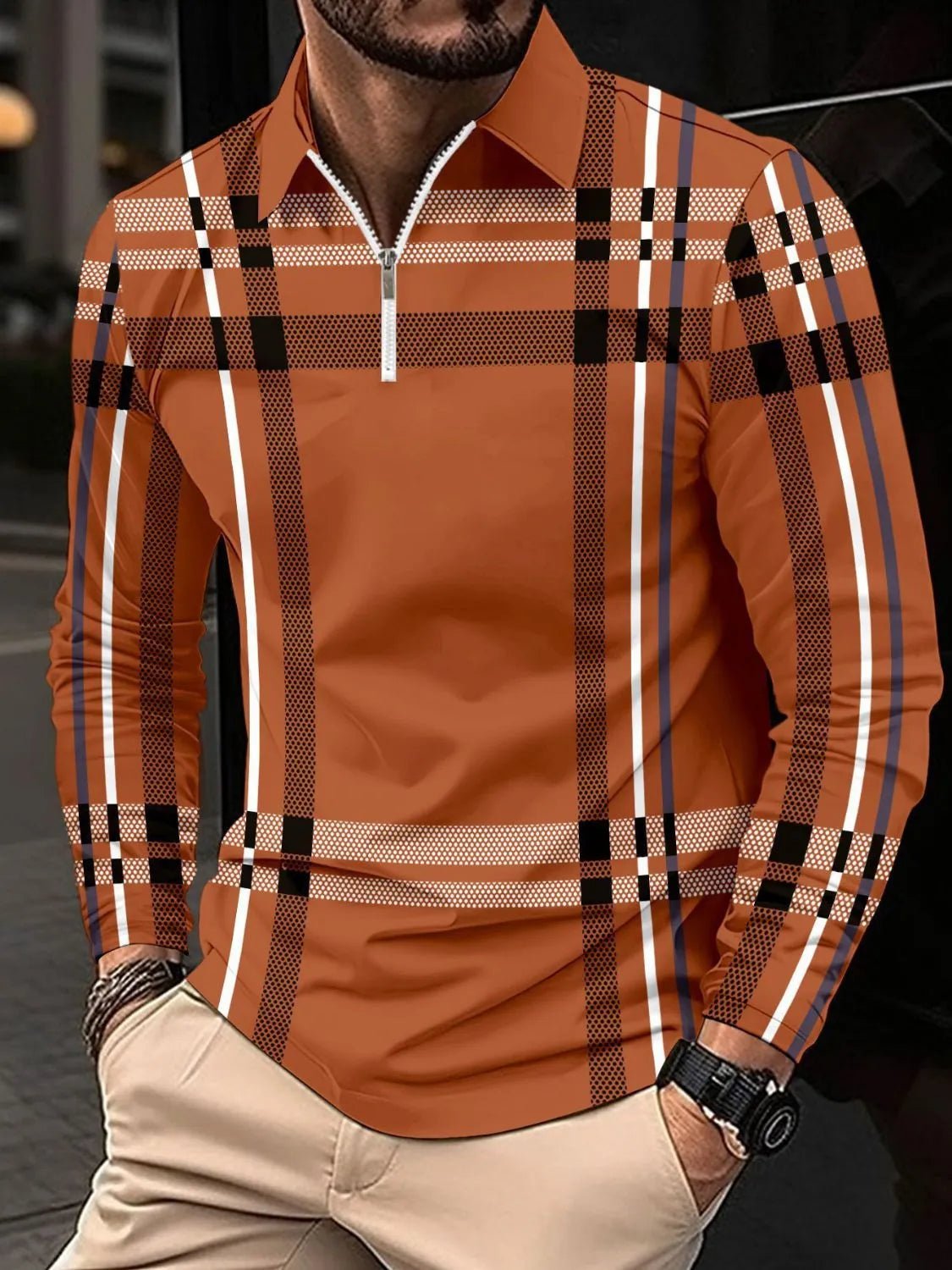 Men's Full Size Plaid Zip Collar Long Sleeve Polo Plus Size - Ramm Clothing Ink