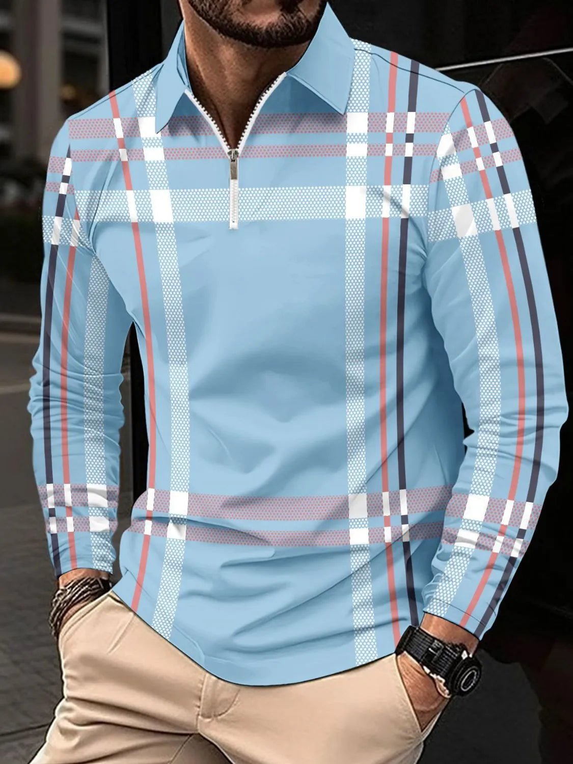 Men's Full Size Plaid Zip Collar Long Sleeve Polo Plus Size - Ramm Clothing Ink