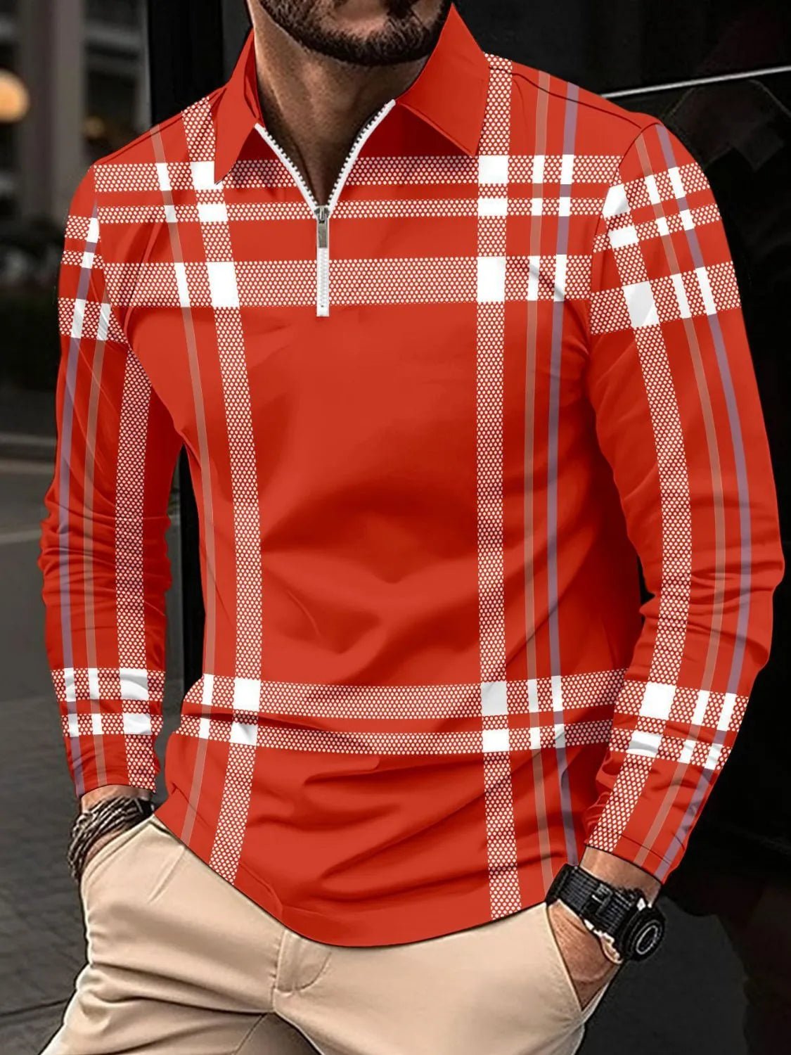 Men's Full Size Plaid Zip Collar Long Sleeve Polo Plus Size - Ramm Clothing Ink