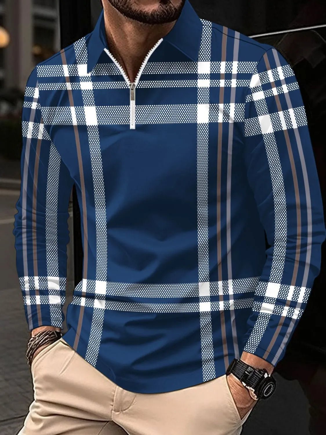 Men's Full Size Plaid Zip Collar Long Sleeve Polo Plus Size - Ramm Clothing Ink