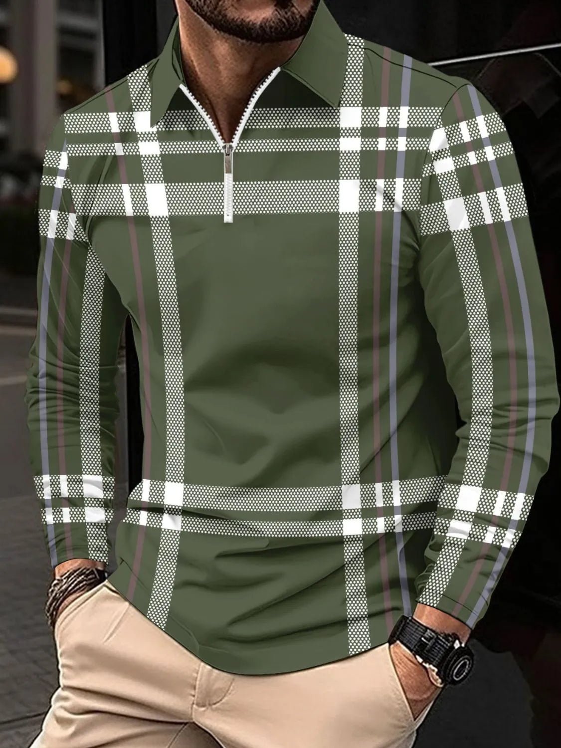 Men's Full Size Plaid Zip Collar Long Sleeve Polo Plus Size - Ramm Clothing Ink