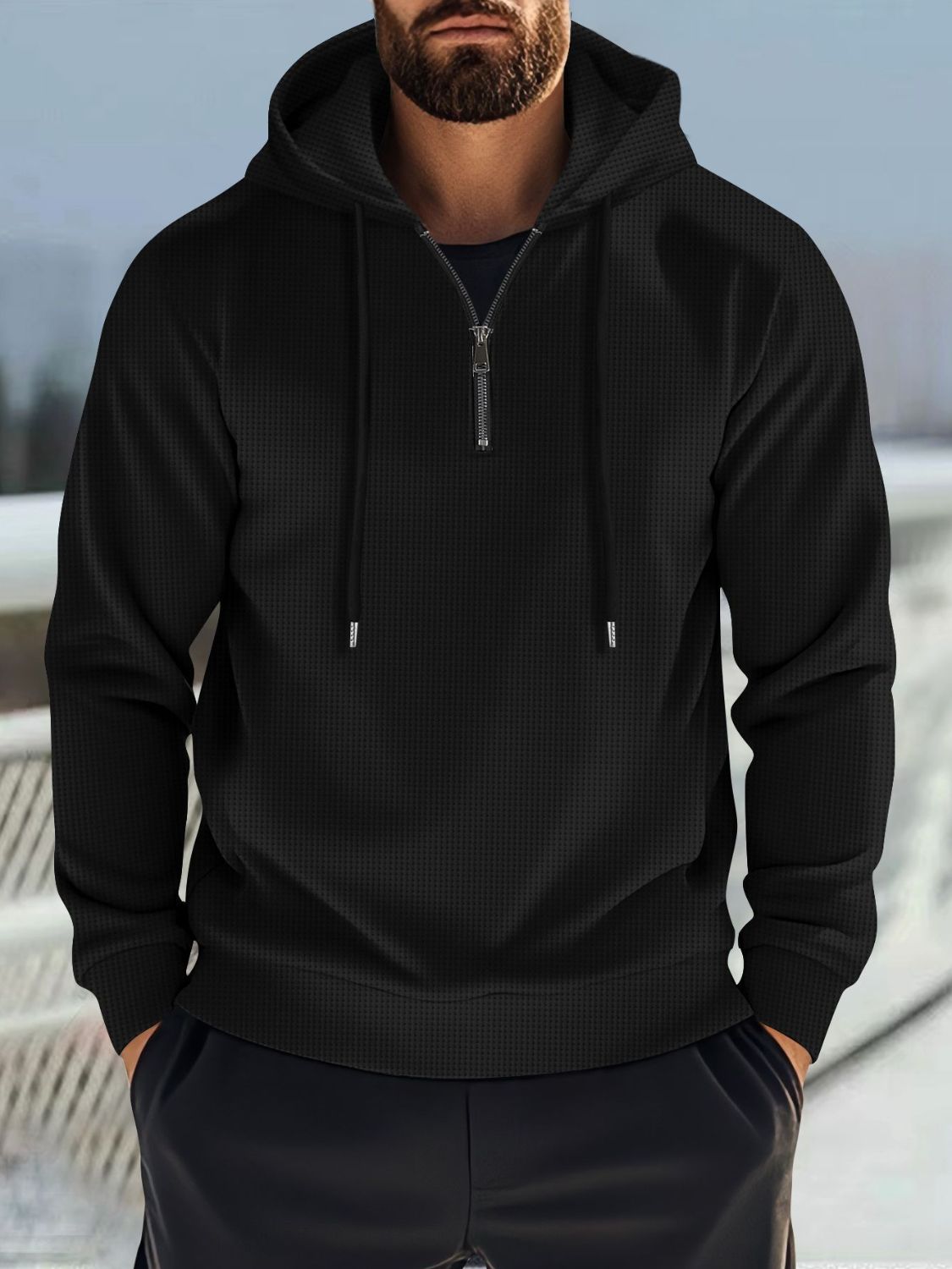 Men's Full Size Quarter Zip Long Sleeve Drawstring Hoodie Plus Size - Ramm Clothing Ink