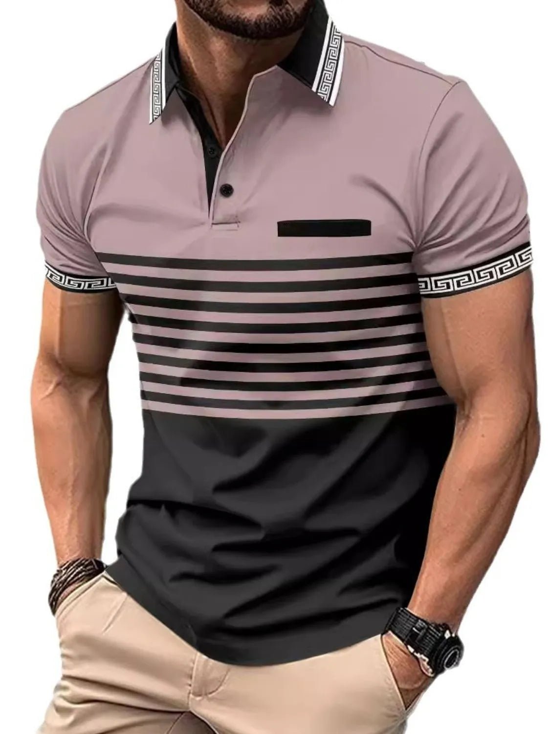 Men's Full Size Striped Collared Neck Short Sleeve Polo Plus Size - Ramm Clothing Ink