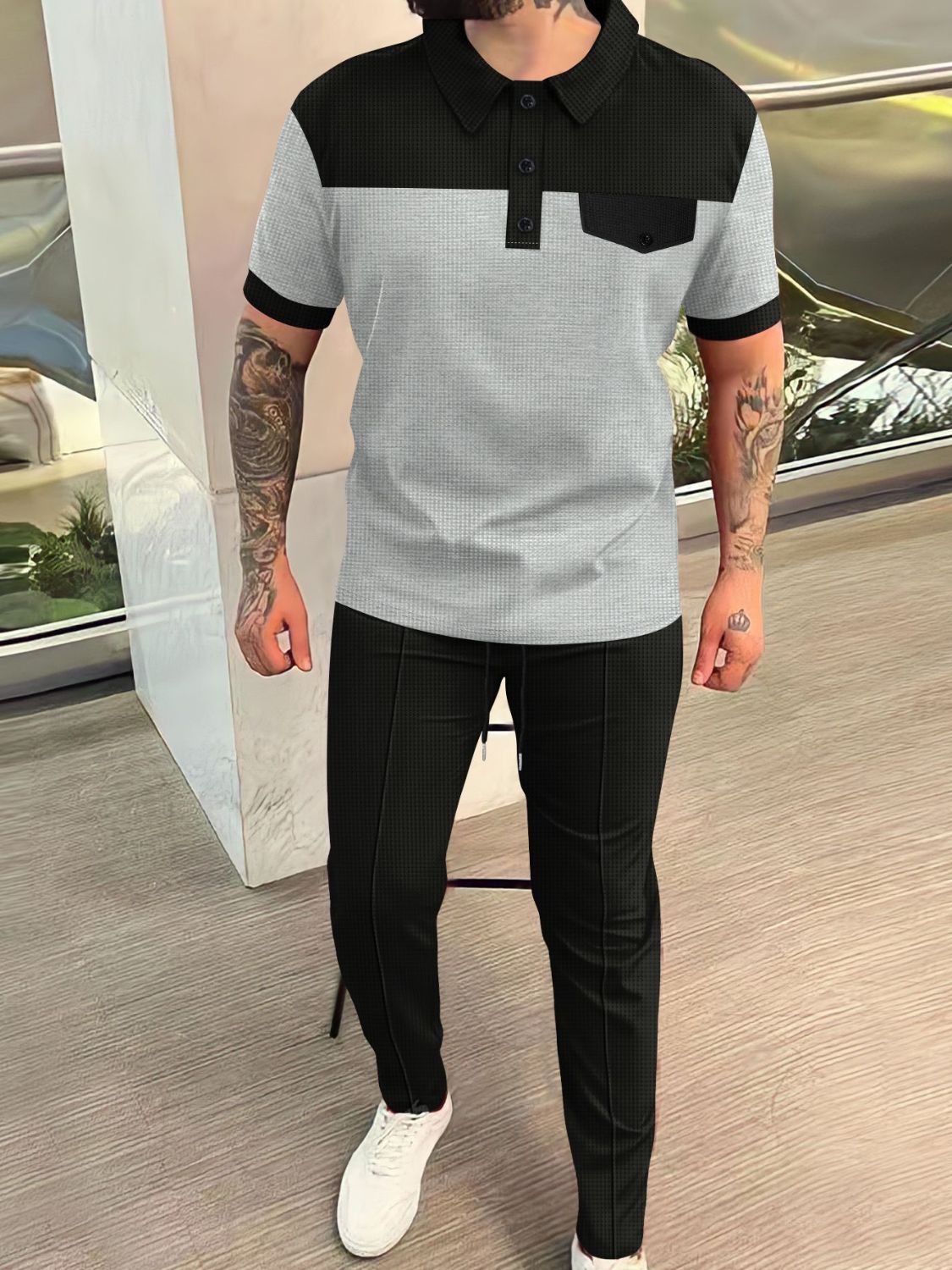 Men‘s Full Size Waffle - Knit Contrast Top and Pants Set Plus Size - Ramm Clothing Ink
