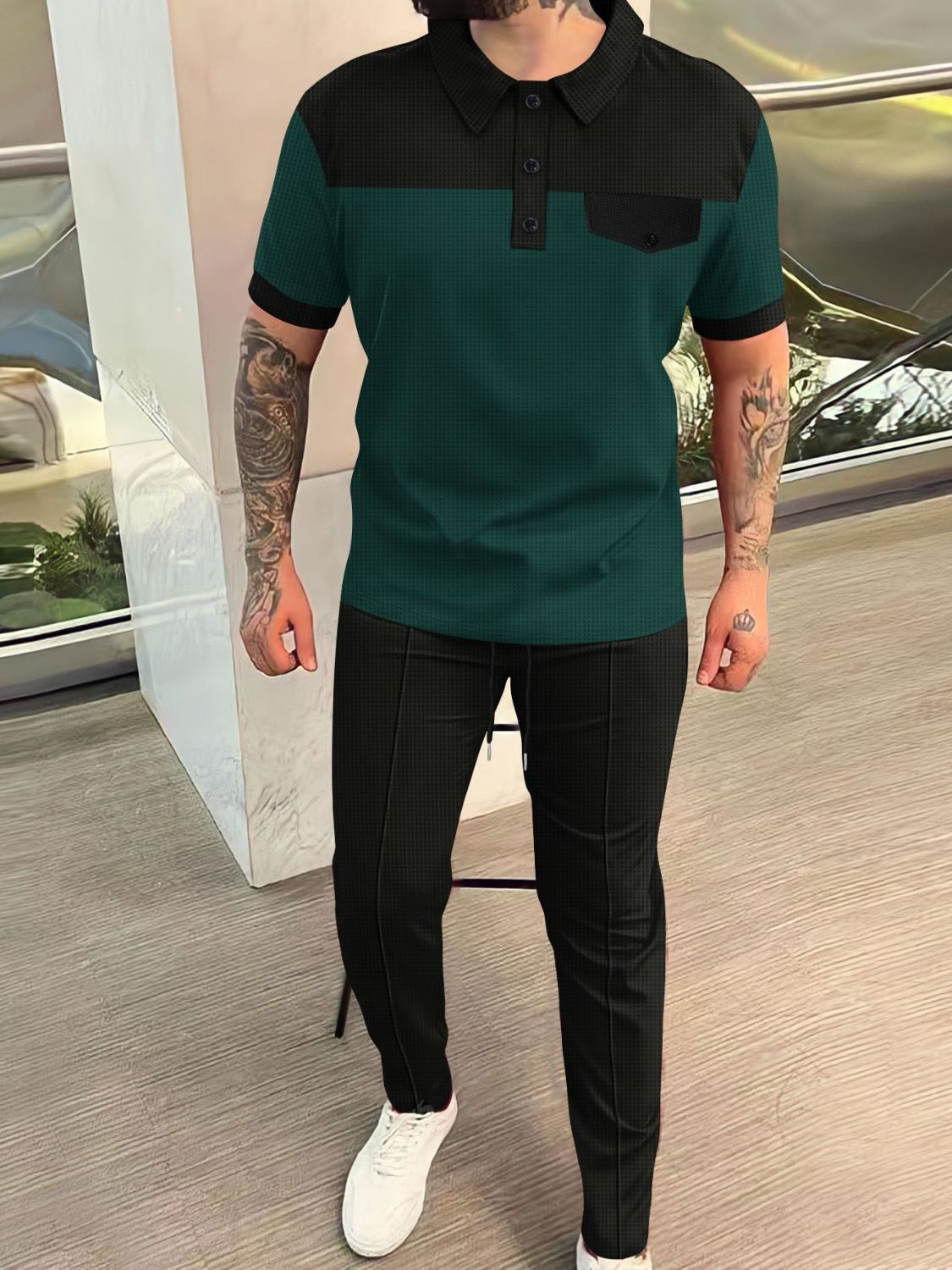 Men‘s Full Size Waffle - Knit Contrast Top and Pants Set Plus Size - Ramm Clothing Ink