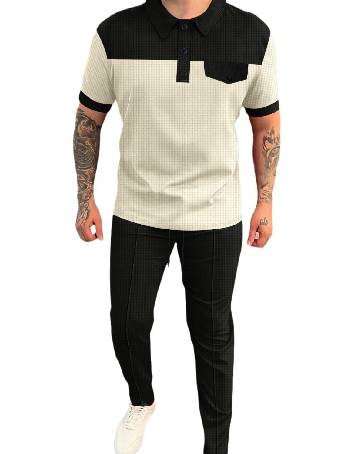 Men‘s Full Size Waffle - Knit Contrast Top and Pants Set Plus Size - Ramm Clothing Ink