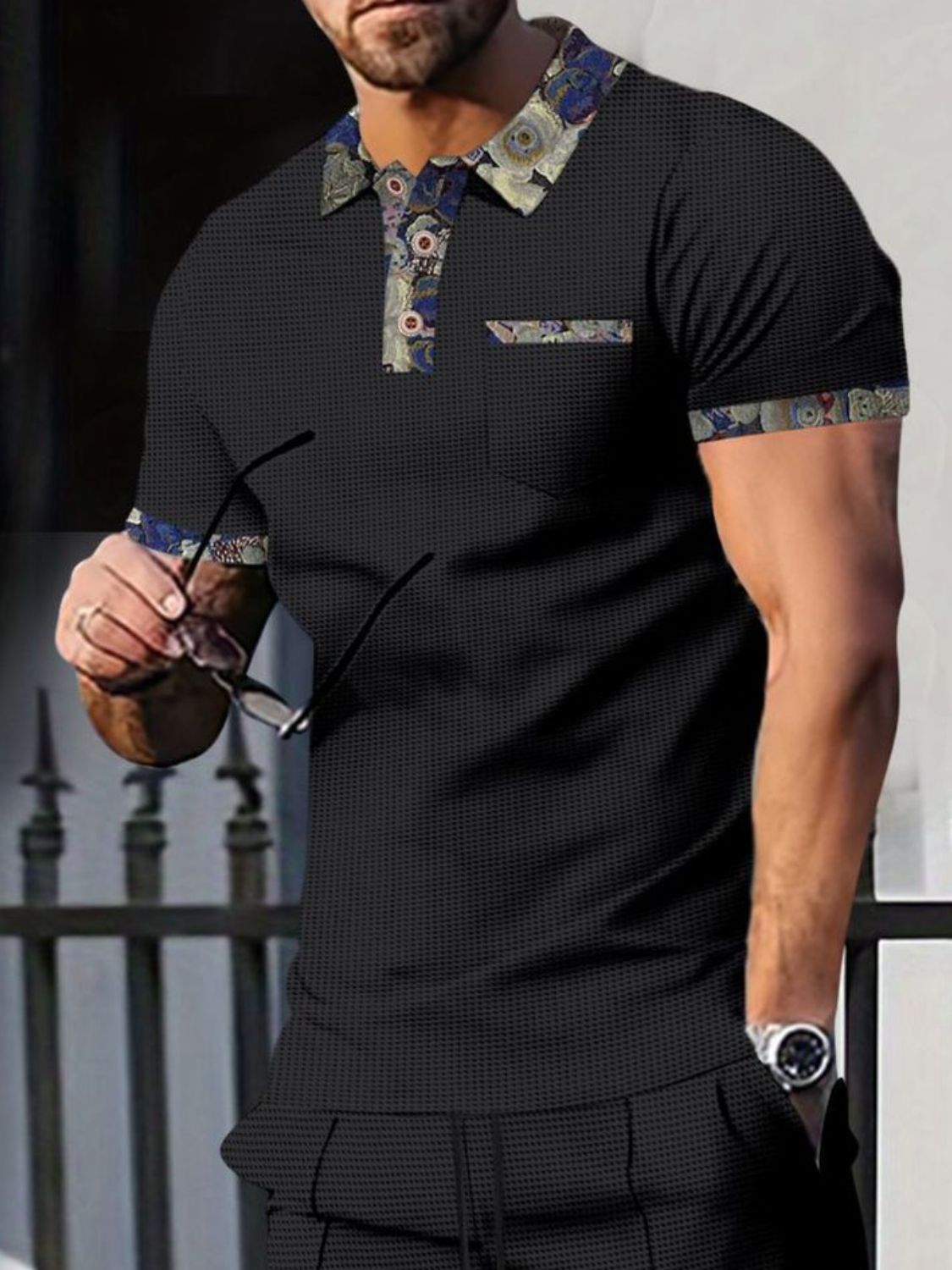 Men's Full Size Waffle Knit Short Sleeve Polo and Pants Set Plus Size - Ramm Clothing Ink