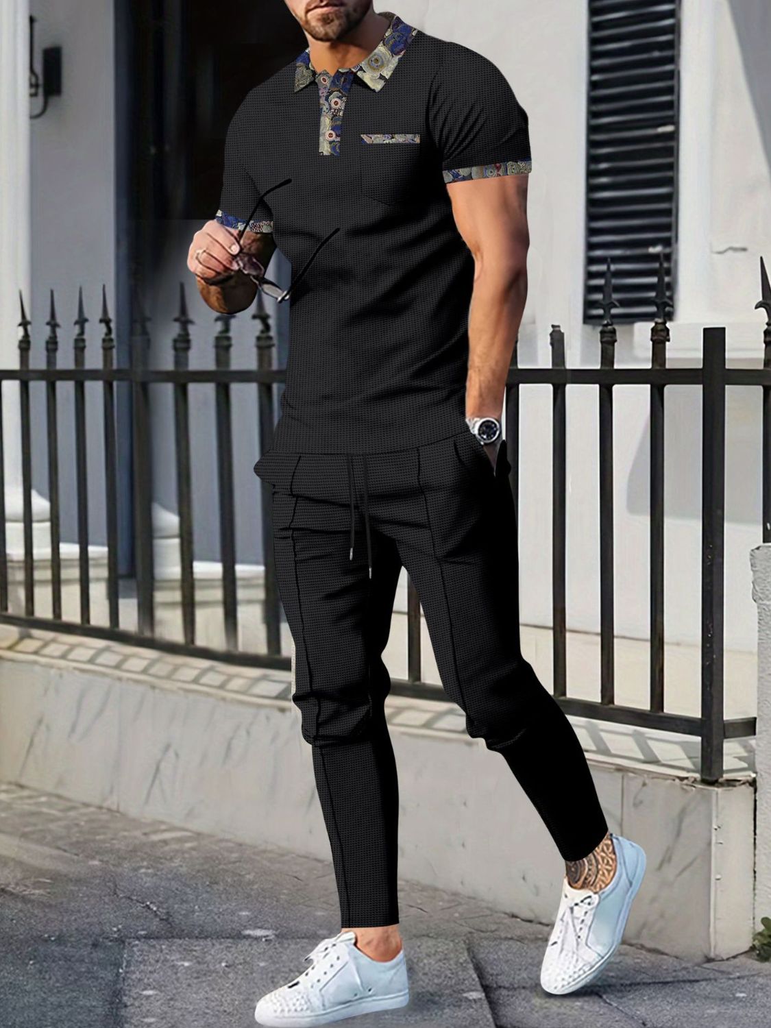 Men's Full Size Waffle Knit Short Sleeve Polo and Pants Set Plus Size - Ramm Clothing Ink