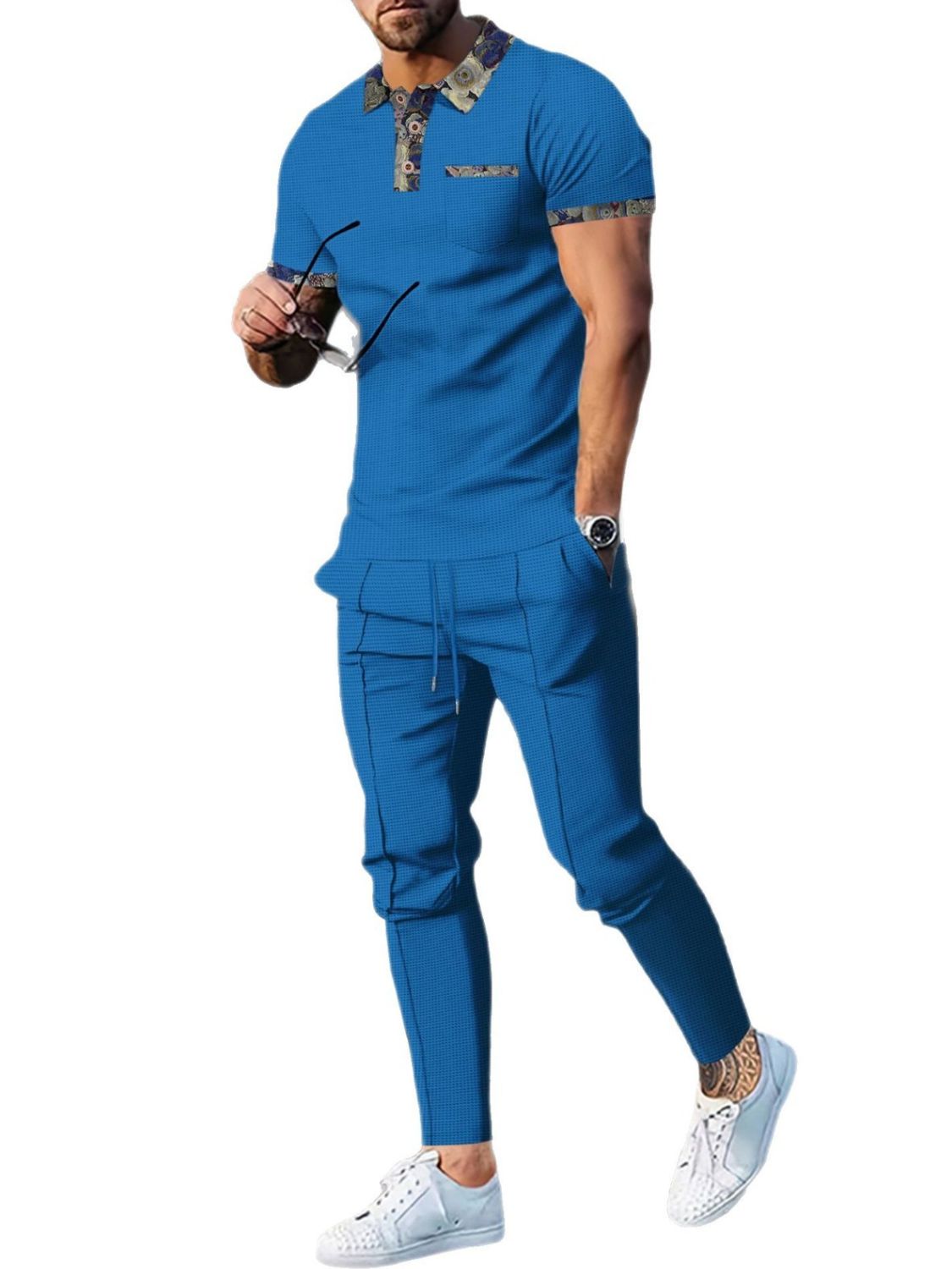 Men's Full Size Waffle Knit Short Sleeve Polo and Pants Set Plus Size - Ramm Clothing Ink