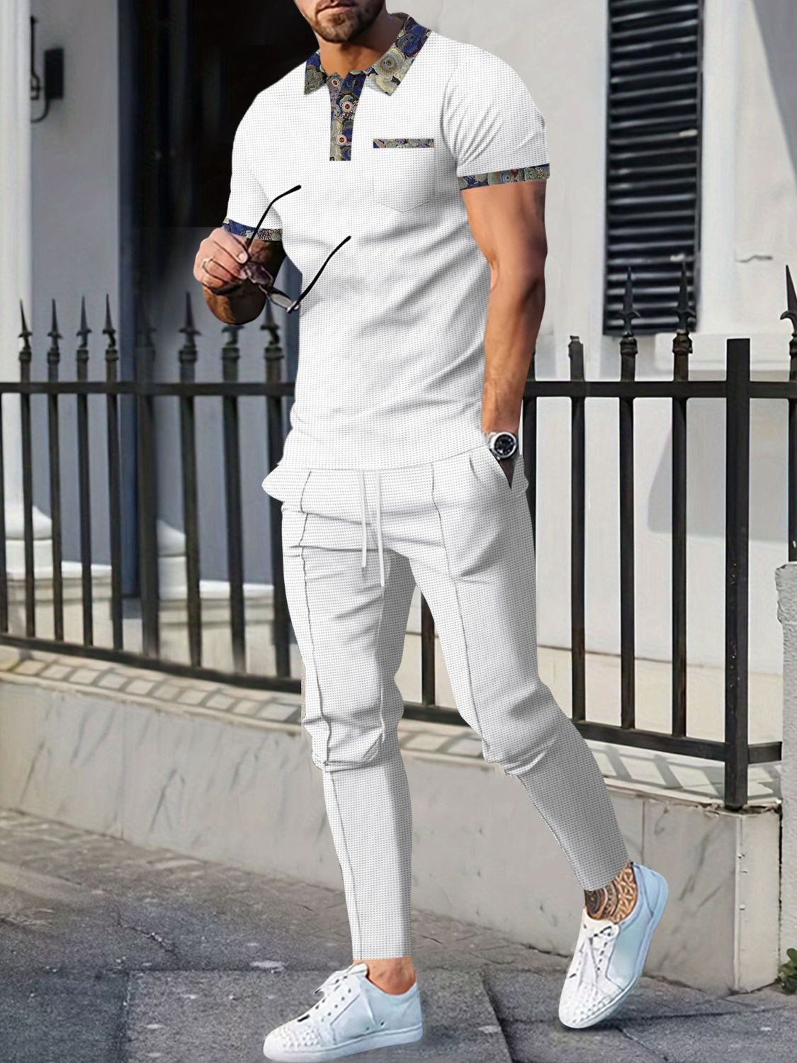 Men's Full Size Waffle Knit Short Sleeve Polo and Pants Set Plus Size - Ramm Clothing Ink