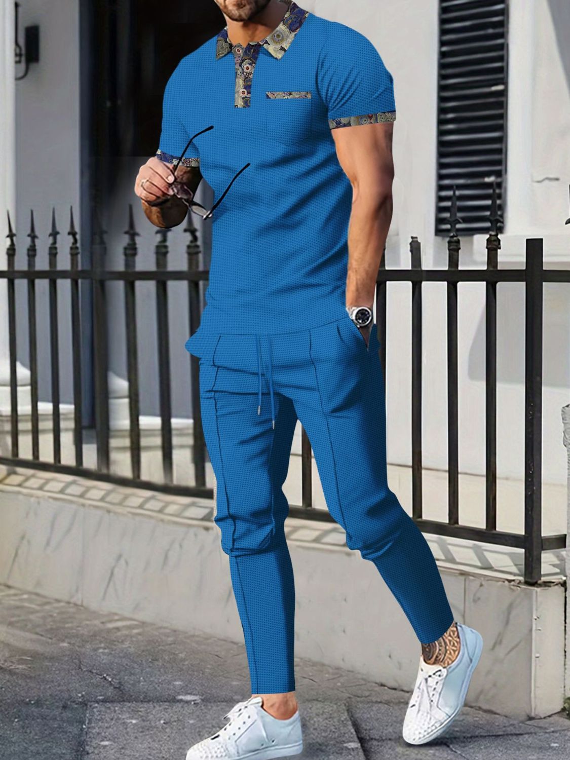 Men's Full Size Waffle Knit Short Sleeve Polo and Pants Set Plus Size - Ramm Clothing Ink