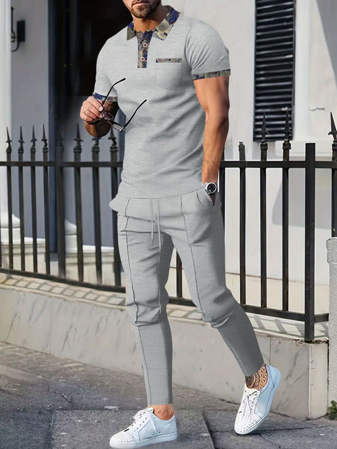 Men's Full Size Waffle Knit Short Sleeve Polo and Pants Set Plus Size - Ramm Clothing Ink