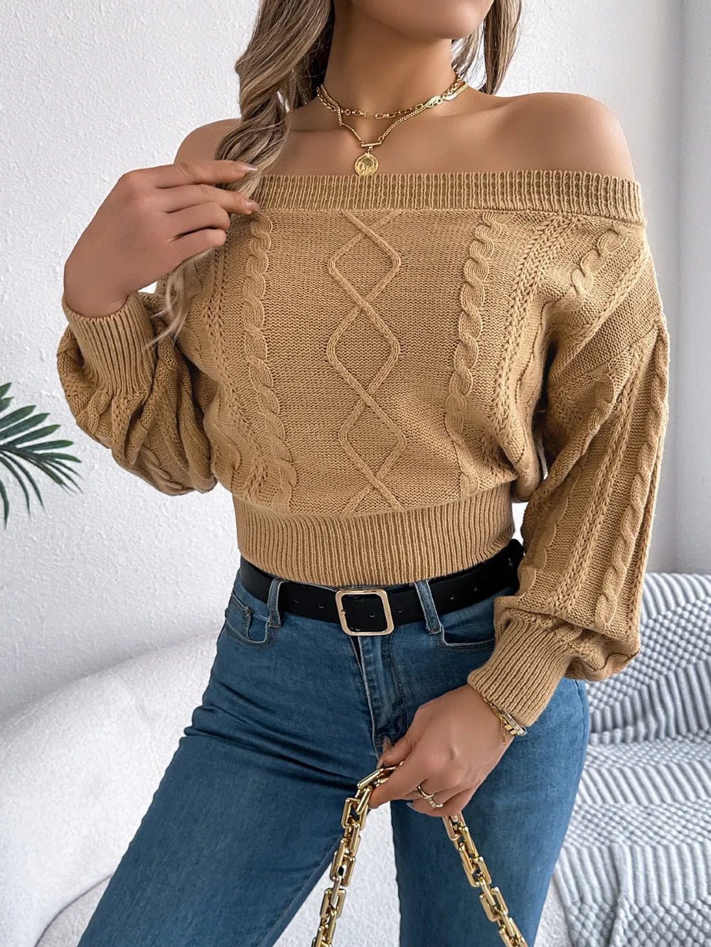 Off - Shoulder Long Sleeve Sweater - Ramm Clothing Ink