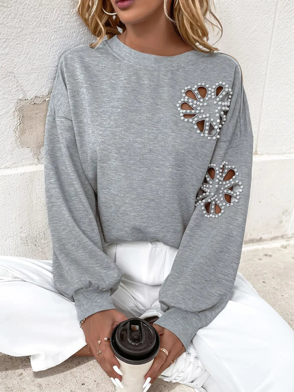 Perfee Cutout Pearl Round Neck Long Sleeve Sweatshirt - Ramm Clothing Ink
