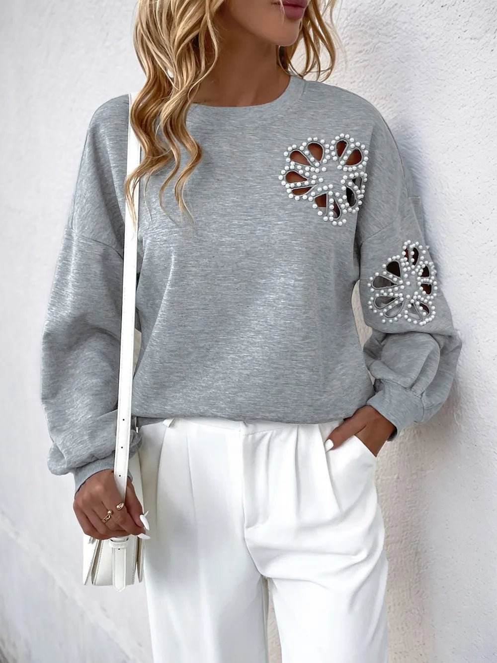 Perfee Cutout Pearl Round Neck Long Sleeve Sweatshirt - Ramm Clothing Ink