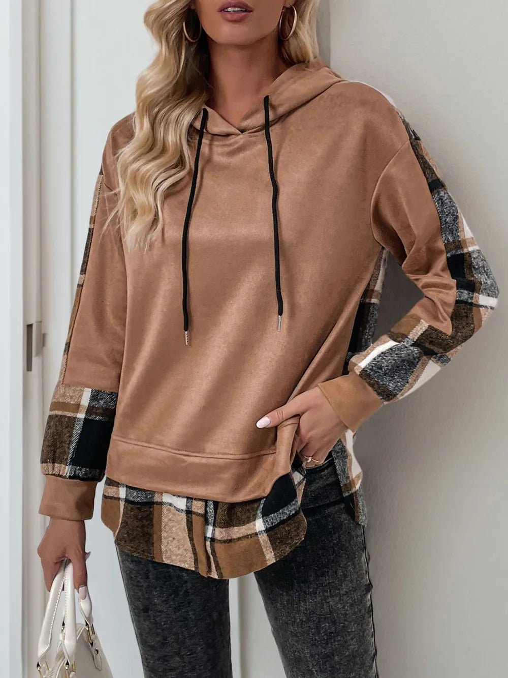 Perfee Drawstring Slit Plaid Long Sleeve Hoodie - Ramm Clothing Ink