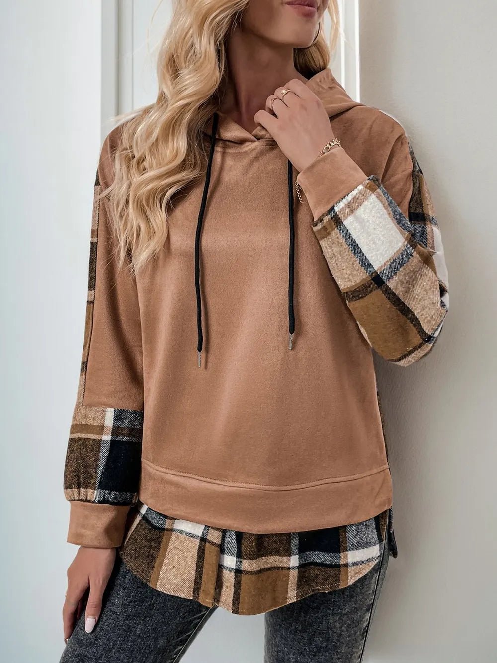 Perfee Drawstring Slit Plaid Long Sleeve Hoodie - Ramm Clothing Ink