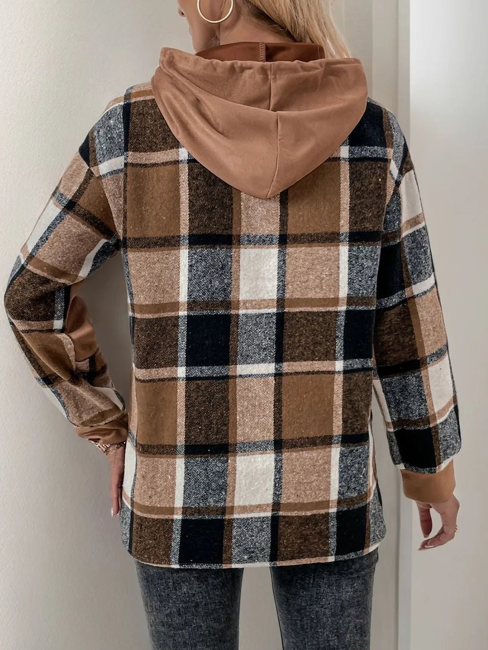 Perfee Drawstring Slit Plaid Long Sleeve Hoodie - Ramm Clothing Ink
