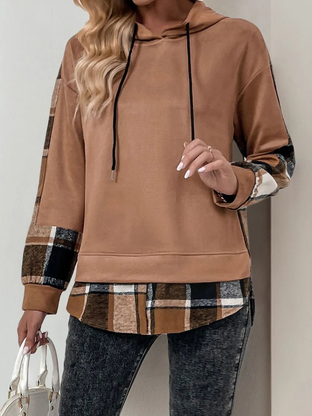 Perfee Drawstring Slit Plaid Long Sleeve Hoodie - Ramm Clothing Ink