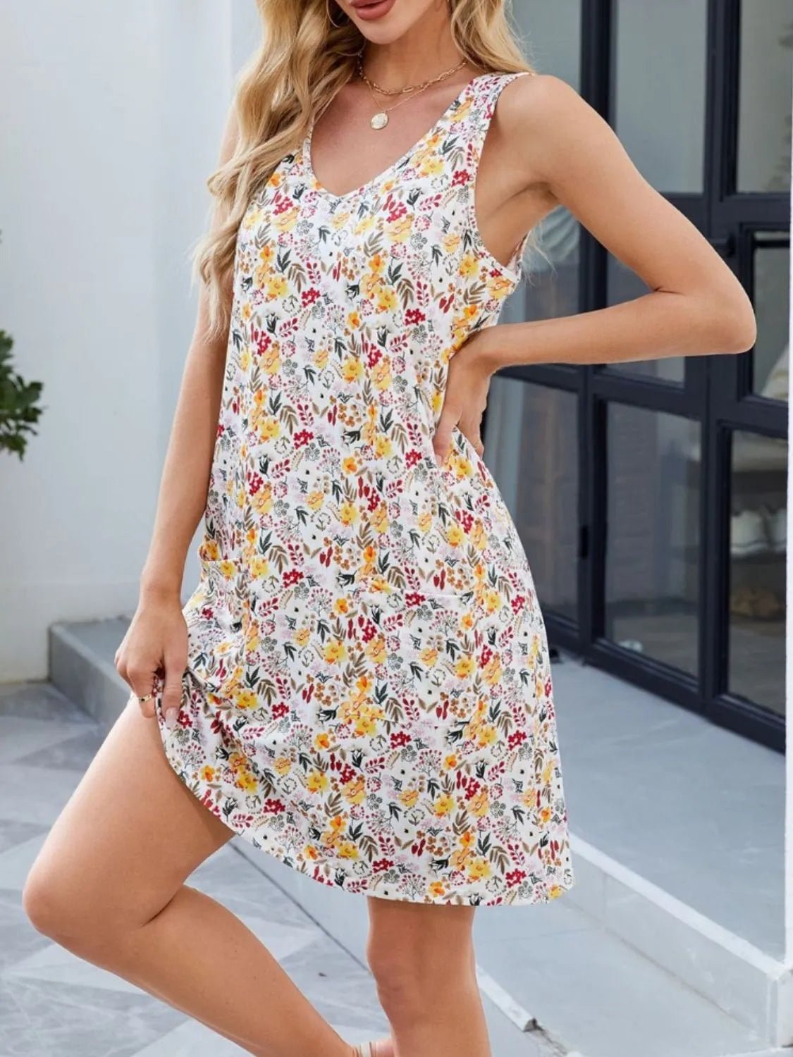 Printed V - Neck Sleeveless Mini Dress with Pockets - Ramm Clothing Ink