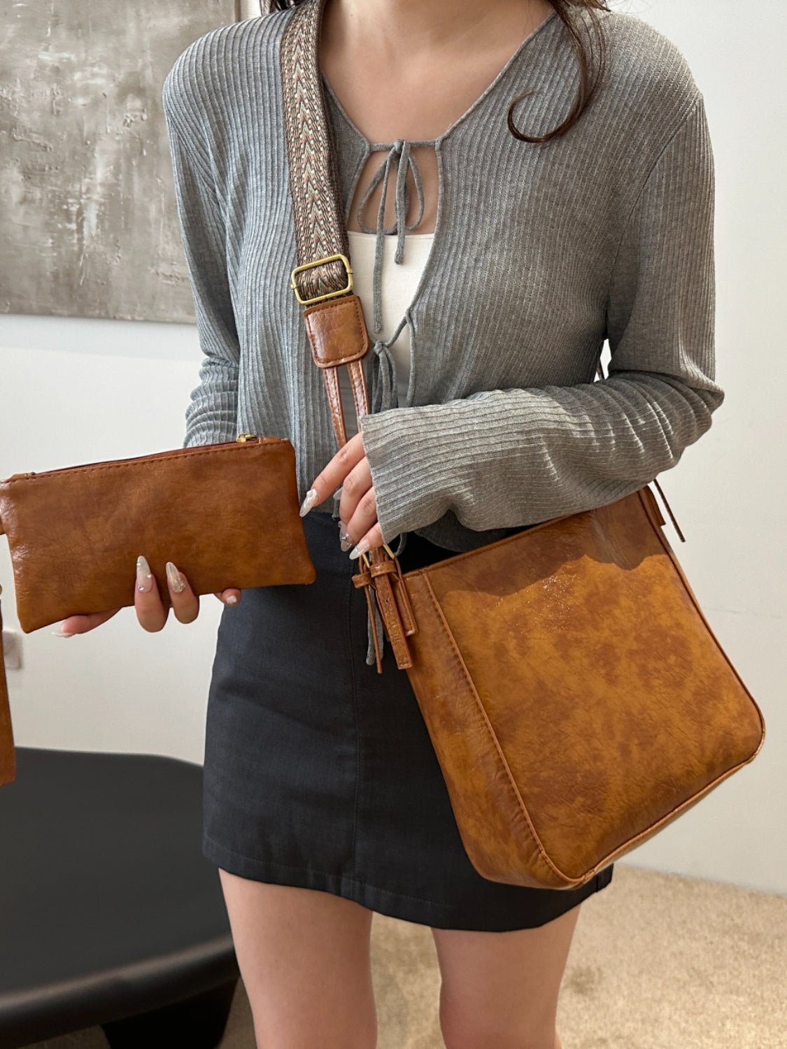 PU Leather Adjustable Strap Crossbody Bag with Pouch - Ramm Clothing Ink