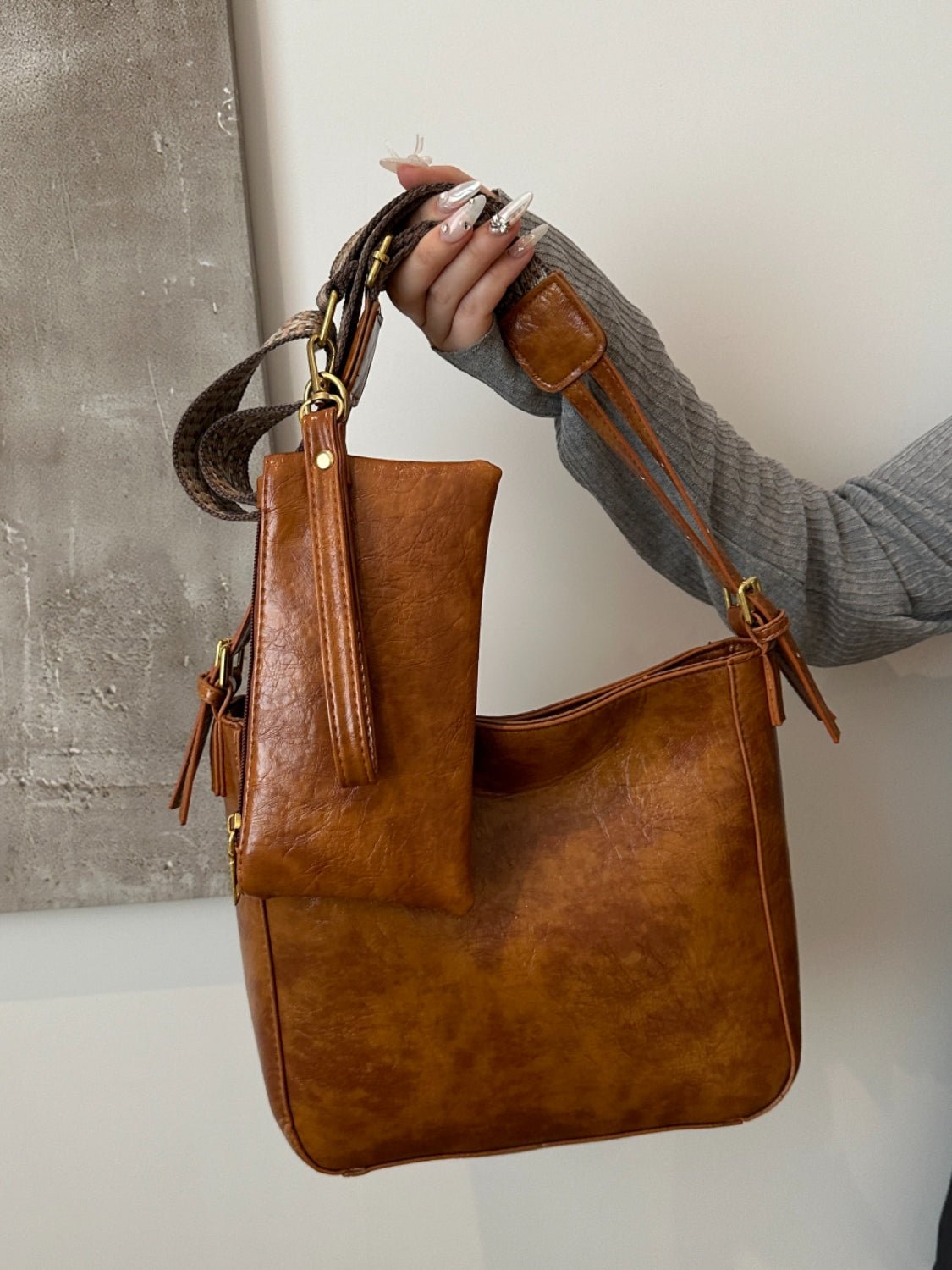PU Leather Adjustable Strap Crossbody Bag with Pouch - Ramm Clothing Ink