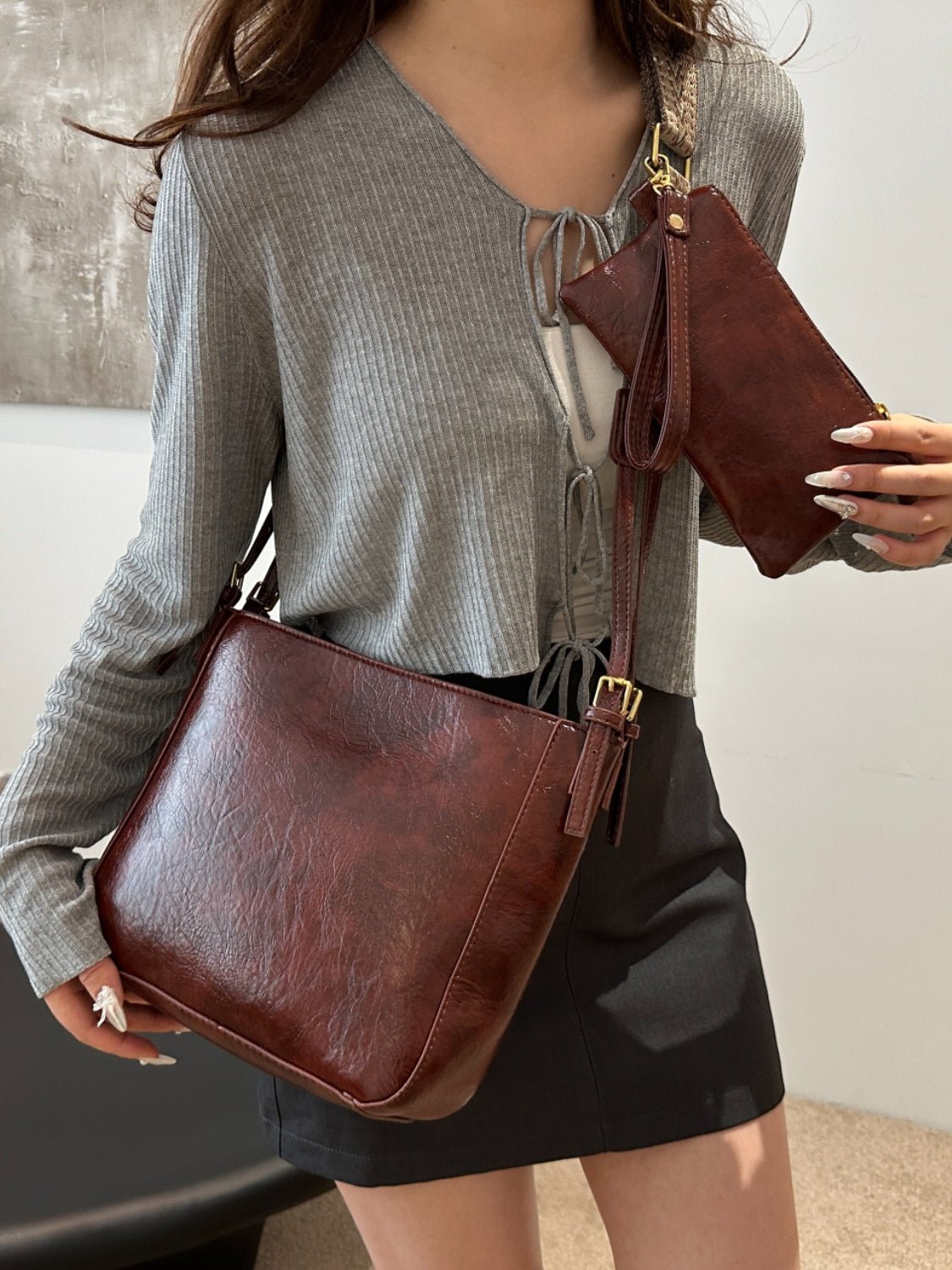 PU Leather Adjustable Strap Crossbody Bag with Pouch - Ramm Clothing Ink